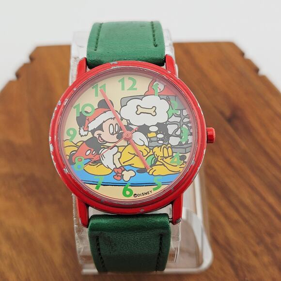 Vintage 90s Pluto Mickey Dreaming Womens Watch Red Green Christmas Santa Holiday - Picture 1 of 8